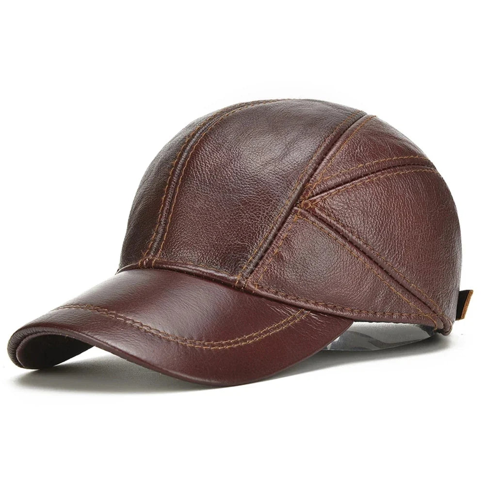 Adjustable unisex genuine leather cap with warm fleece lining. Comfortable cowhide winter hat, ideal headwear for cold weather.