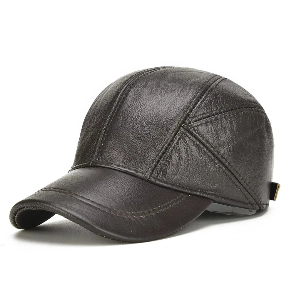 Stylish classic unisex leather cap made from cowhide with soft fleece lining. A fashionable winter headwear accessory.