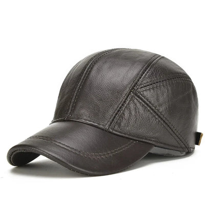 Stylish classic unisex leather cap made from cowhide with soft fleece lining. A fashionable winter headwear accessory.
