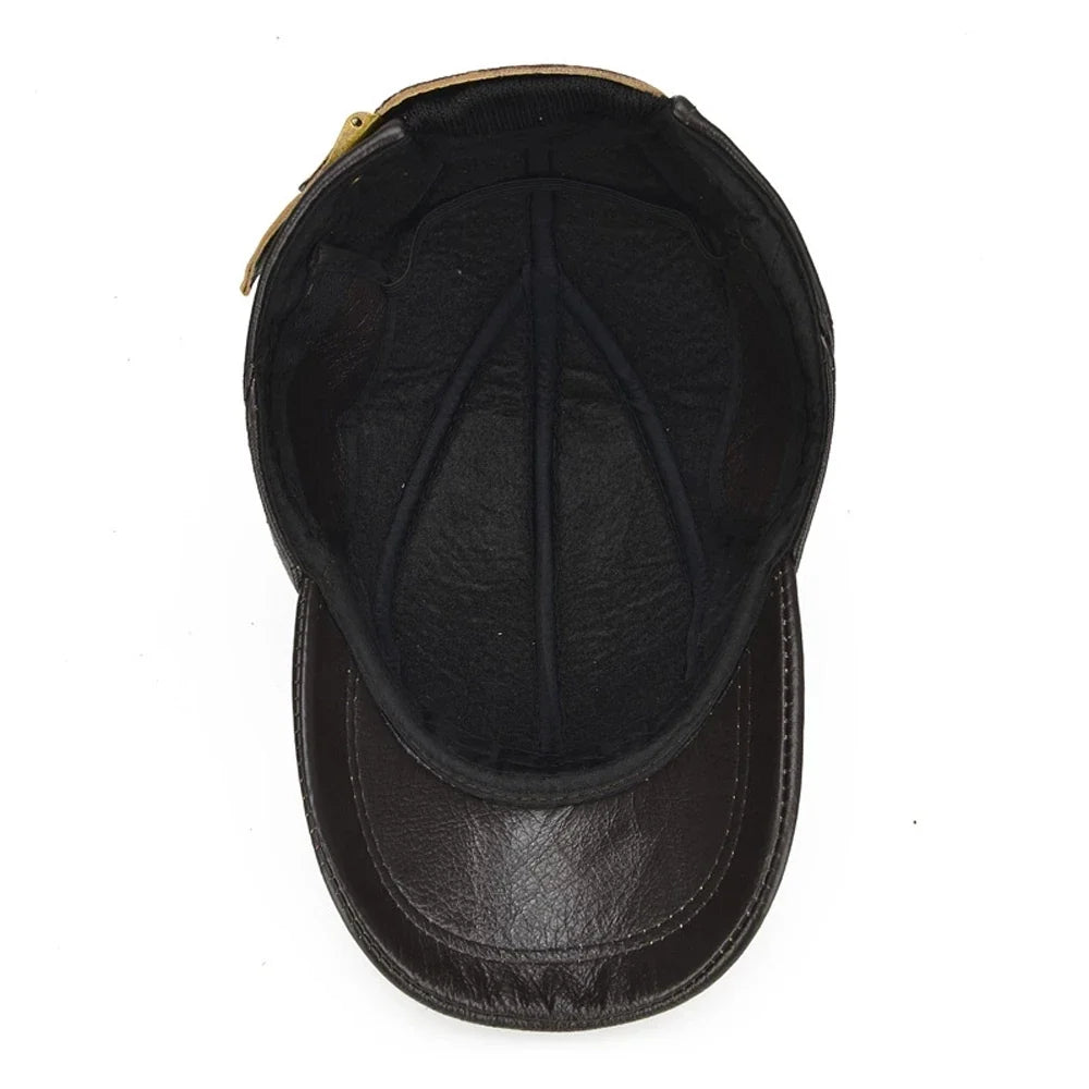 Side view of a genuine cowhide leather cap with cozy fleece lining. Adjustable design ensures a perfect fit for this unisex winter hat.