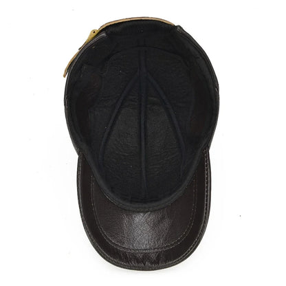 Side view of a genuine cowhide leather cap with cozy fleece lining. Adjustable design ensures a perfect fit for this unisex winter hat.