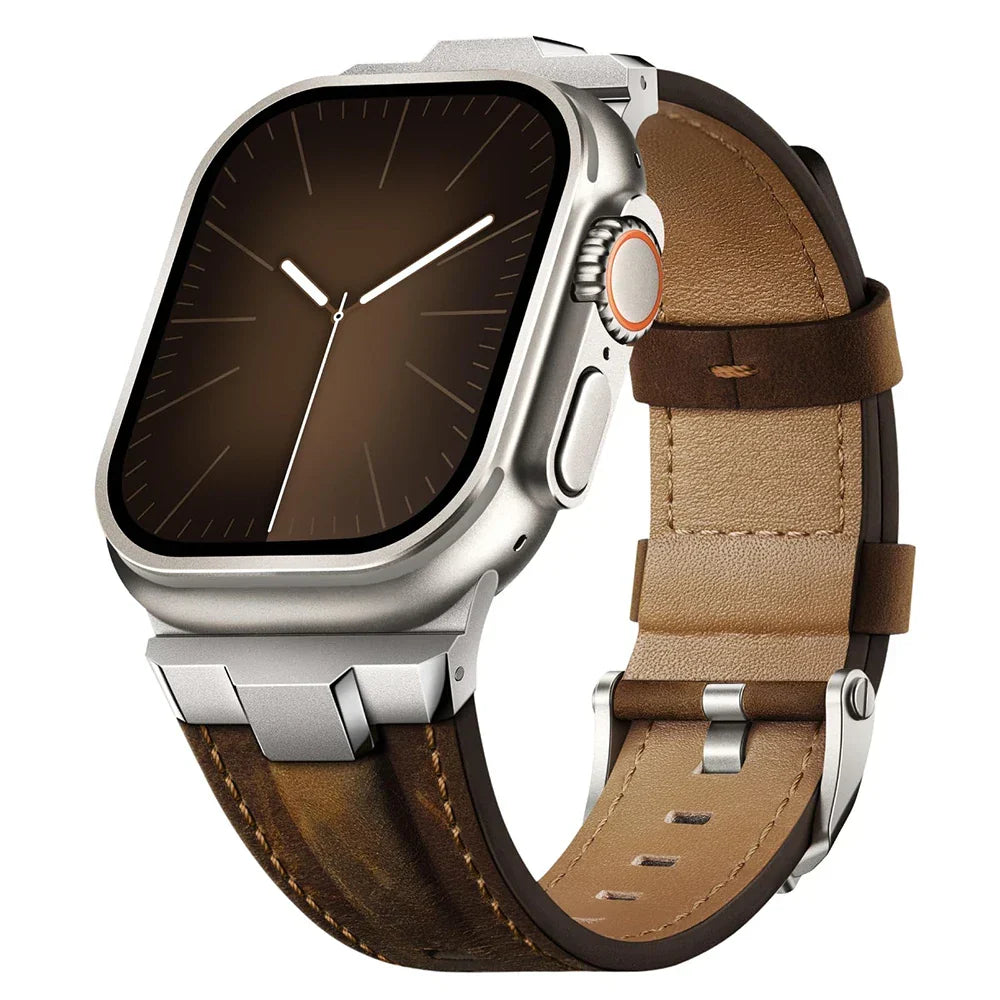 Unisex genuine leather smartwatch band with a sleek titanium buckle.