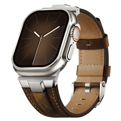 Unisex genuine leather smartwatch band with a sleek titanium buckle.