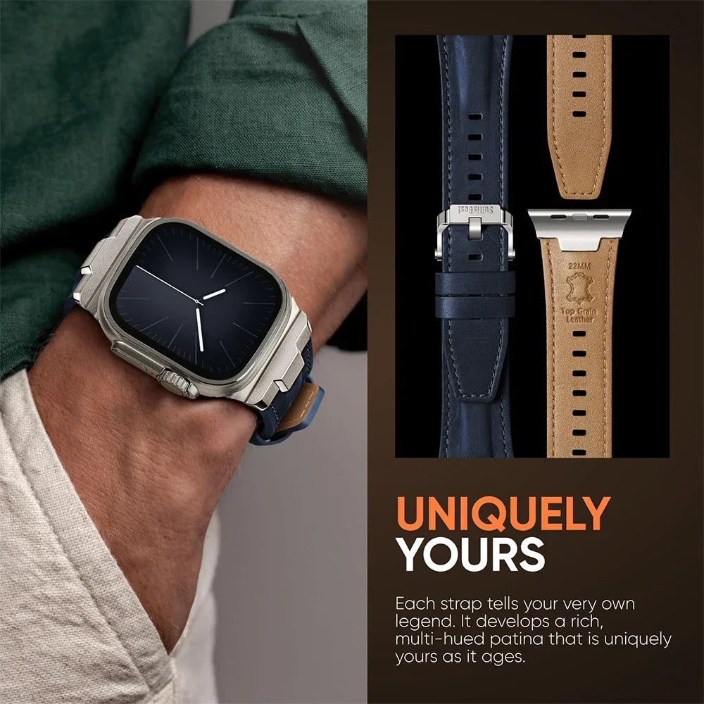Close-up of premium genuine leather smartwatch band & sturdy titanium buckle.
