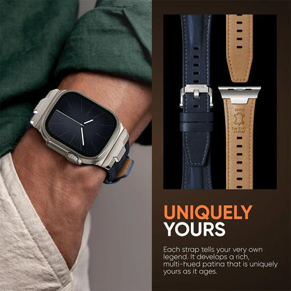 Close-up of premium genuine leather smartwatch band & sturdy titanium buckle.