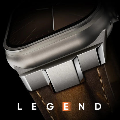 Unisex genuine leather smartwatch strap with visible titanium buckle for secure fit.