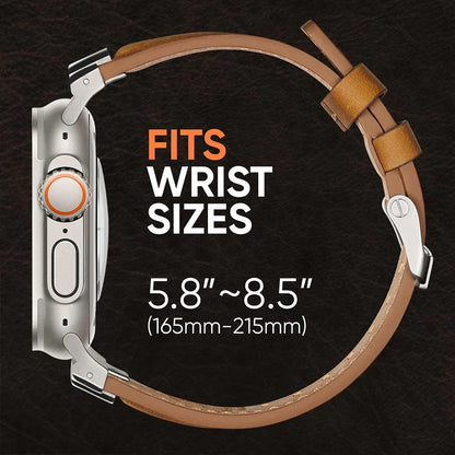 Smartwatch replacement band: genuine leather, unisex design, and durable titanium buckle.