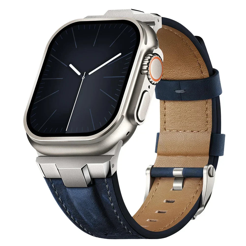 Genuine leather smartwatch band featuring a strong titanium buckle.