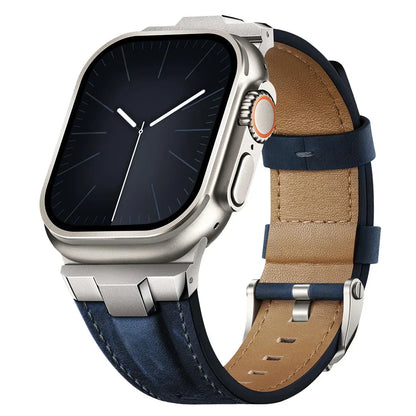 Genuine leather smartwatch band featuring a strong titanium buckle.