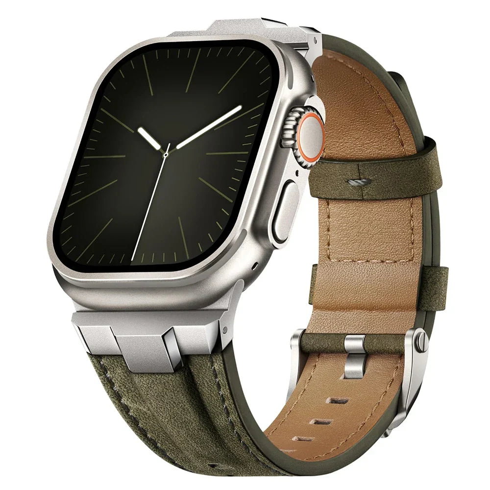 Quick release genuine leather unisex smartwatch strap with a titanium buckle.