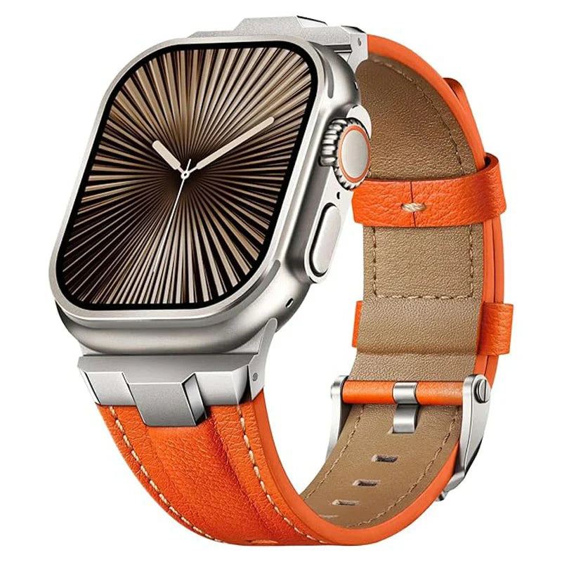Durable & comfortable genuine leather smartwatch band with titanium buckle.