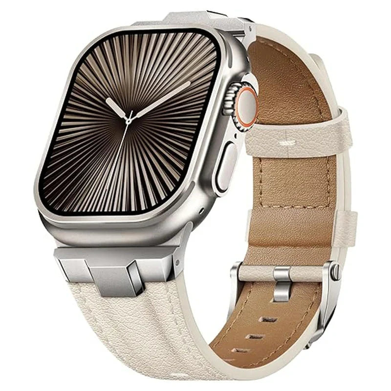 Stylish premium genuine leather unisex smartwatch strap with secure titanium buckle.