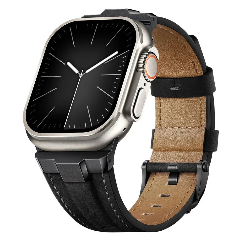 Replacement genuine leather smartwatch band, a durable unisex accessory with titanium buckle.