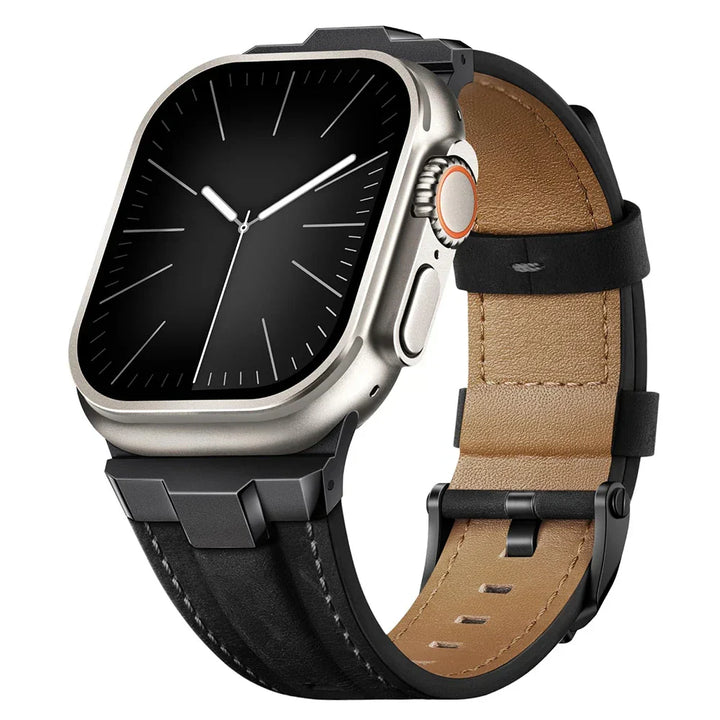 Replacement genuine leather smartwatch band, a durable unisex accessory with titanium buckle.