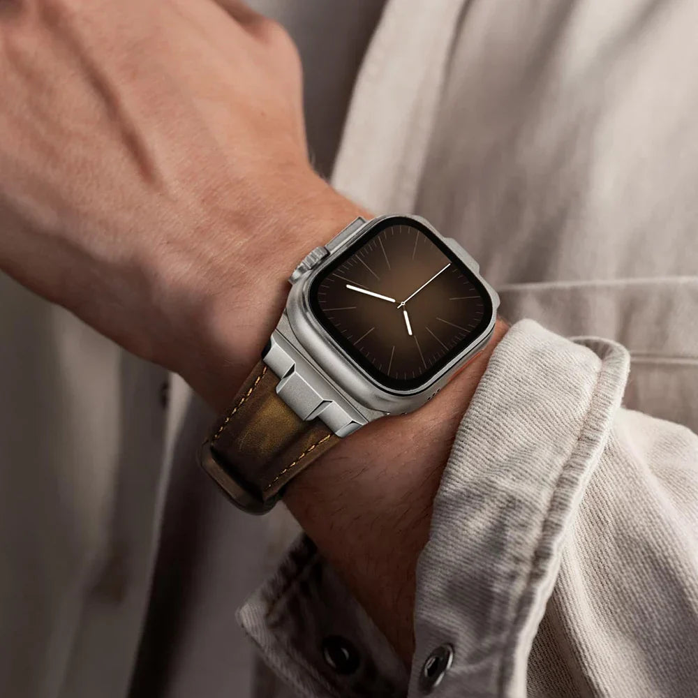 Comfortable everyday unisex genuine leather smartwatch band with a titanium buckle.