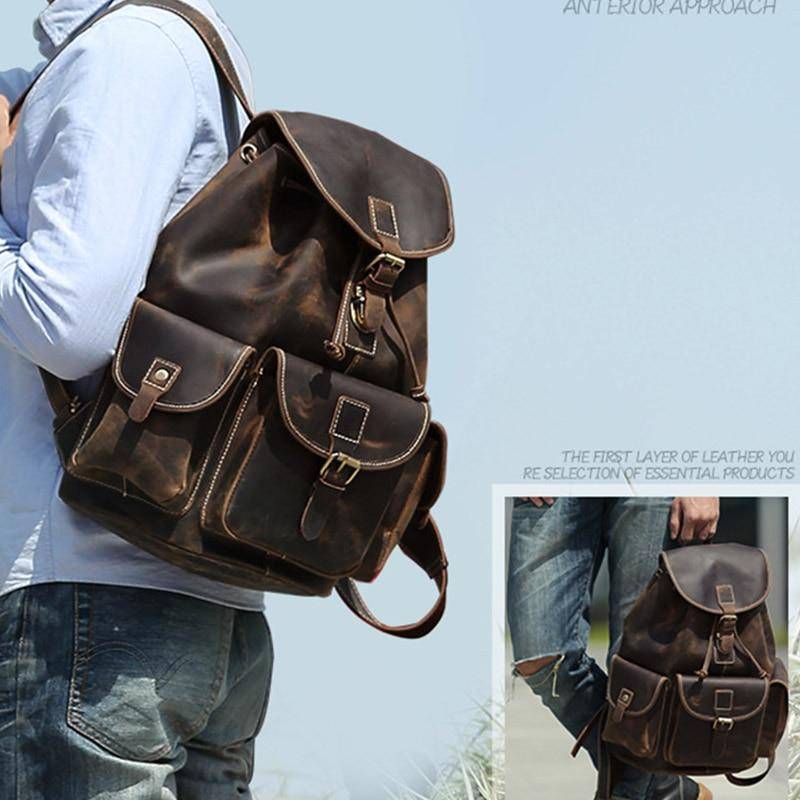 Unisex genuine leather thick backpack for outdoor activities, camping, and hiking, front view
