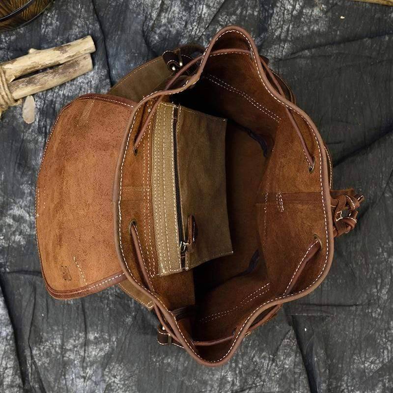 Durable genuine leather rucksack, ideal for travel and outdoor adventures, side view