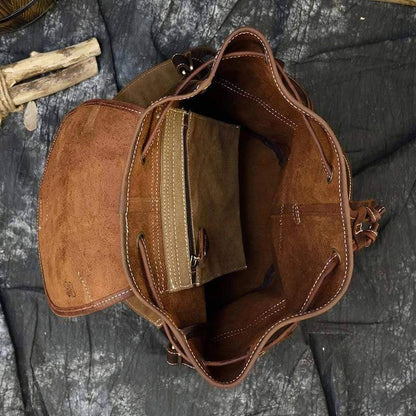 Durable genuine leather rucksack, ideal for travel and outdoor adventures, side view