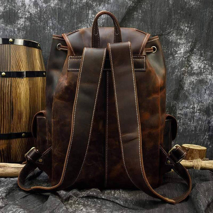Thick genuine leather travel backpack, suitable for various outdoor activities, back view