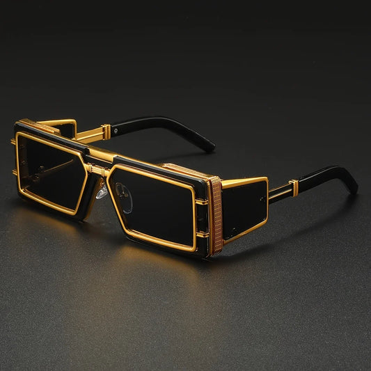 Unisex geometric luxury sunglasses with gold frames & UV400 mirror lenses for modern fashion eye protection.