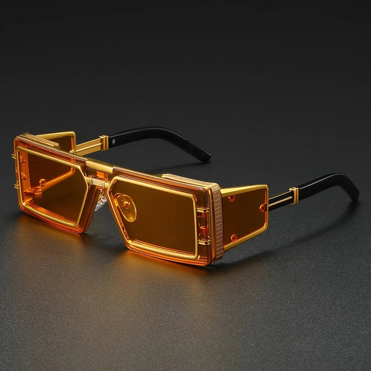 Close-up of luxury gold geometric frames on unisex sunglasses, showcasing modern fashion eyewear design.