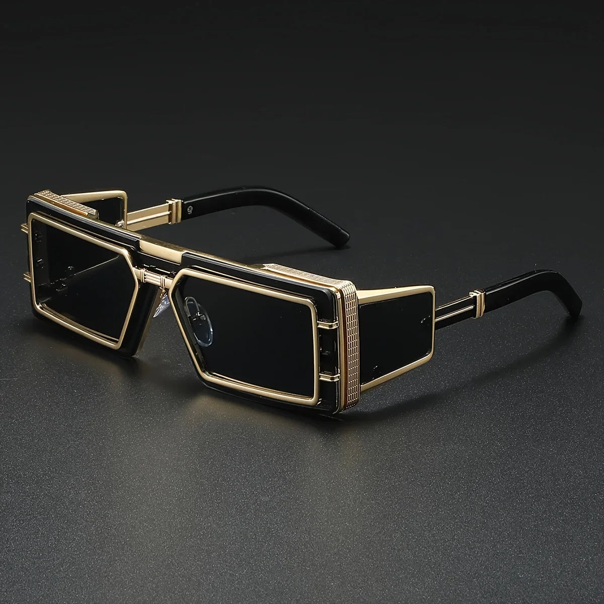 Model wearing stylish unisex geometric luxury sunglasses with gold frames, making a fashion statement.