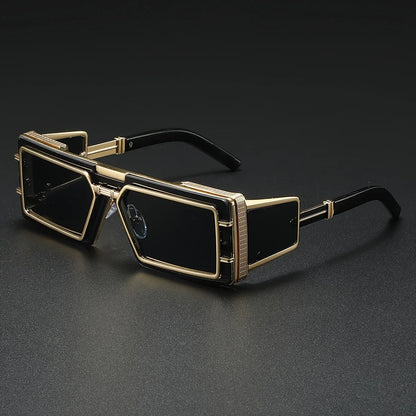 Model wearing stylish unisex geometric luxury sunglasses with gold frames, making a fashion statement.
