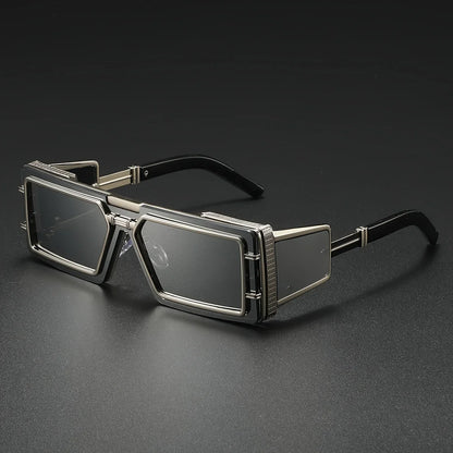 Unisex luxury geometric sunglasses featuring UV400 gradient mirror lenses for eye protection & modern style.