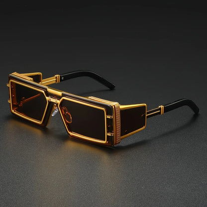 Side view of modern geometric luxury sunglasses with gold frames, offering unisex fashion eyewear & UV400 protection.
