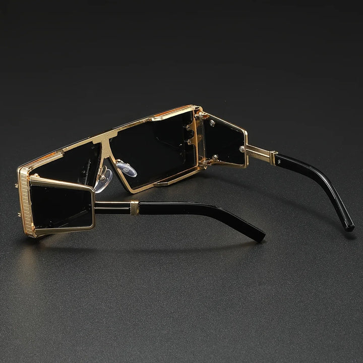 Chic unisex geometric luxury sunglasses with gold details, perfect for a fashionable statement & UV400 eye protection.