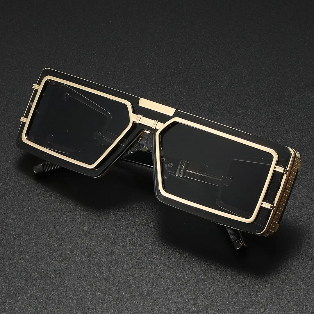 Bold unisex geometric luxury sunglasses with gold accents & UV400 lenses, designed for modern fashion eyewear statements.