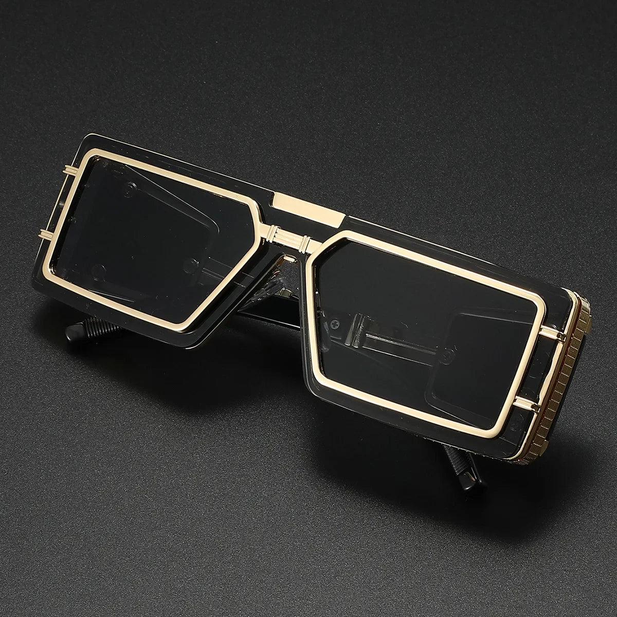 Bold unisex geometric luxury sunglasses with gold accents & UV400 lenses, designed for modern fashion eyewear statements.