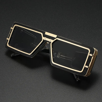 Bold unisex geometric luxury sunglasses with gold accents & UV400 lenses, designed for modern fashion eyewear statements.