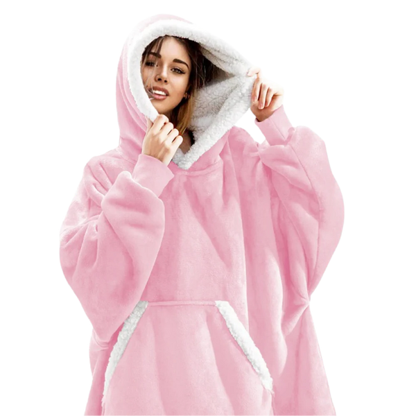 Unisex giant cozy blanket hoodie in soft fleece, perfect for ultimate home comfort & relaxation.
