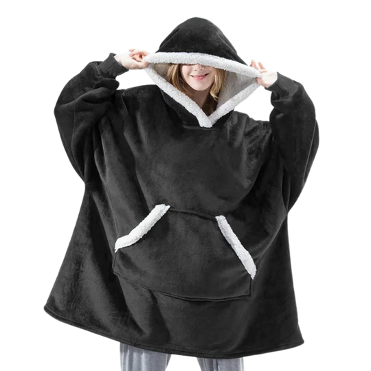 Cozy giant blanket hoodie for men & women, soft fleece for home relaxation.