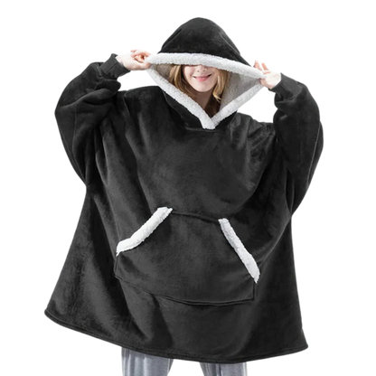 Cozy giant blanket hoodie for men & women, soft fleece for home relaxation.