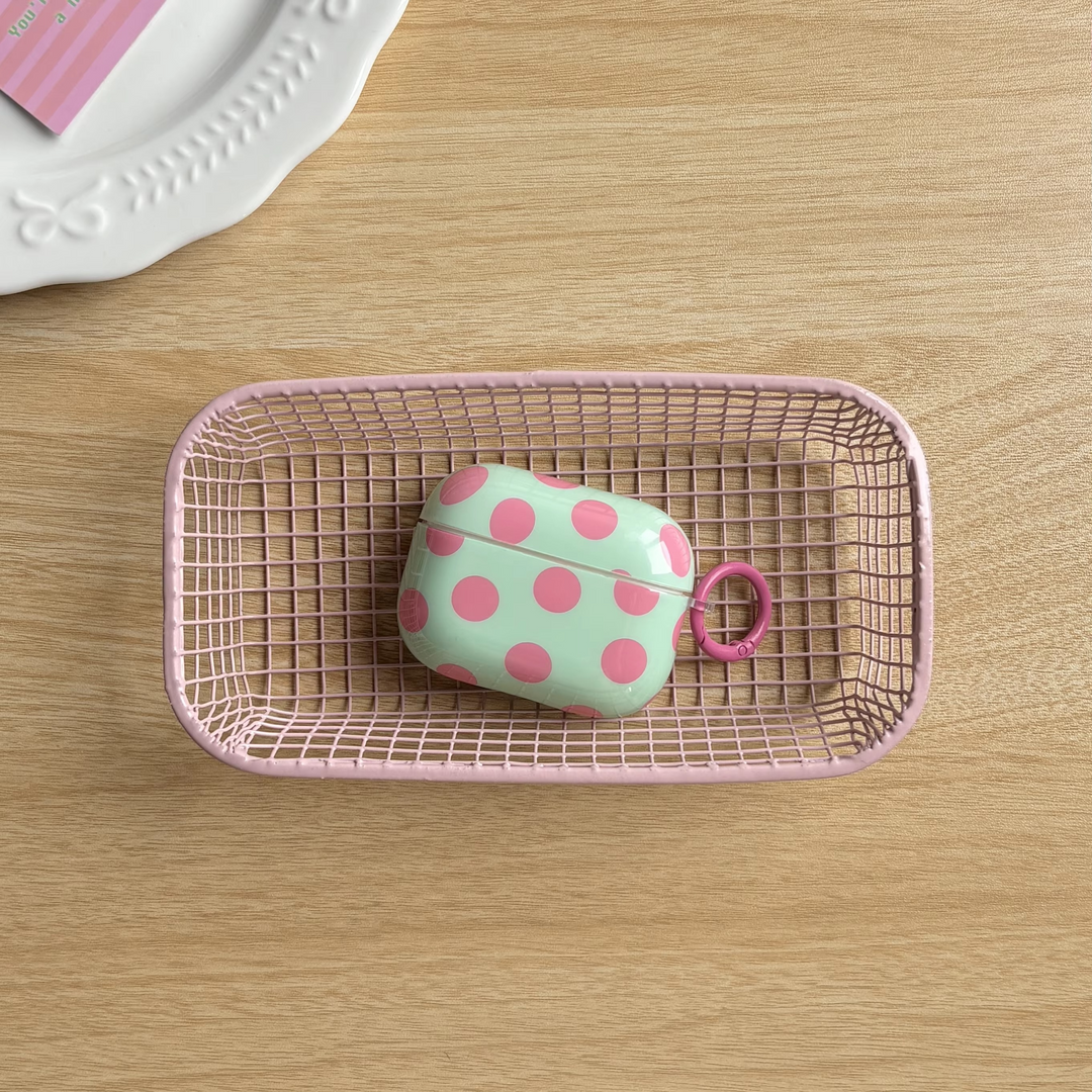 Cute & durable glossy polka dot earbud case, a protective cover for wireless earphones with ring.