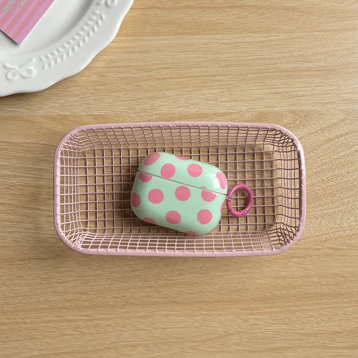 Cute & durable glossy polka dot earbud case, a protective cover for wireless earphones with ring.