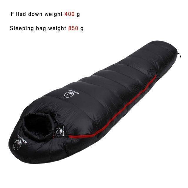 Warm goose down sleeping bag, essential camping and hiking equipment for survival