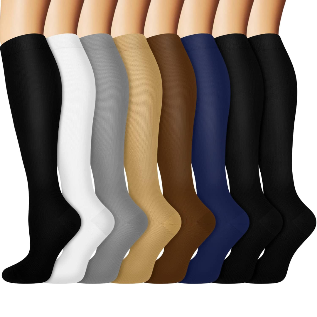 Unisex gradual compression socks (15-20mmHg) for circulation support & fatigue relief. 8 pairs included.