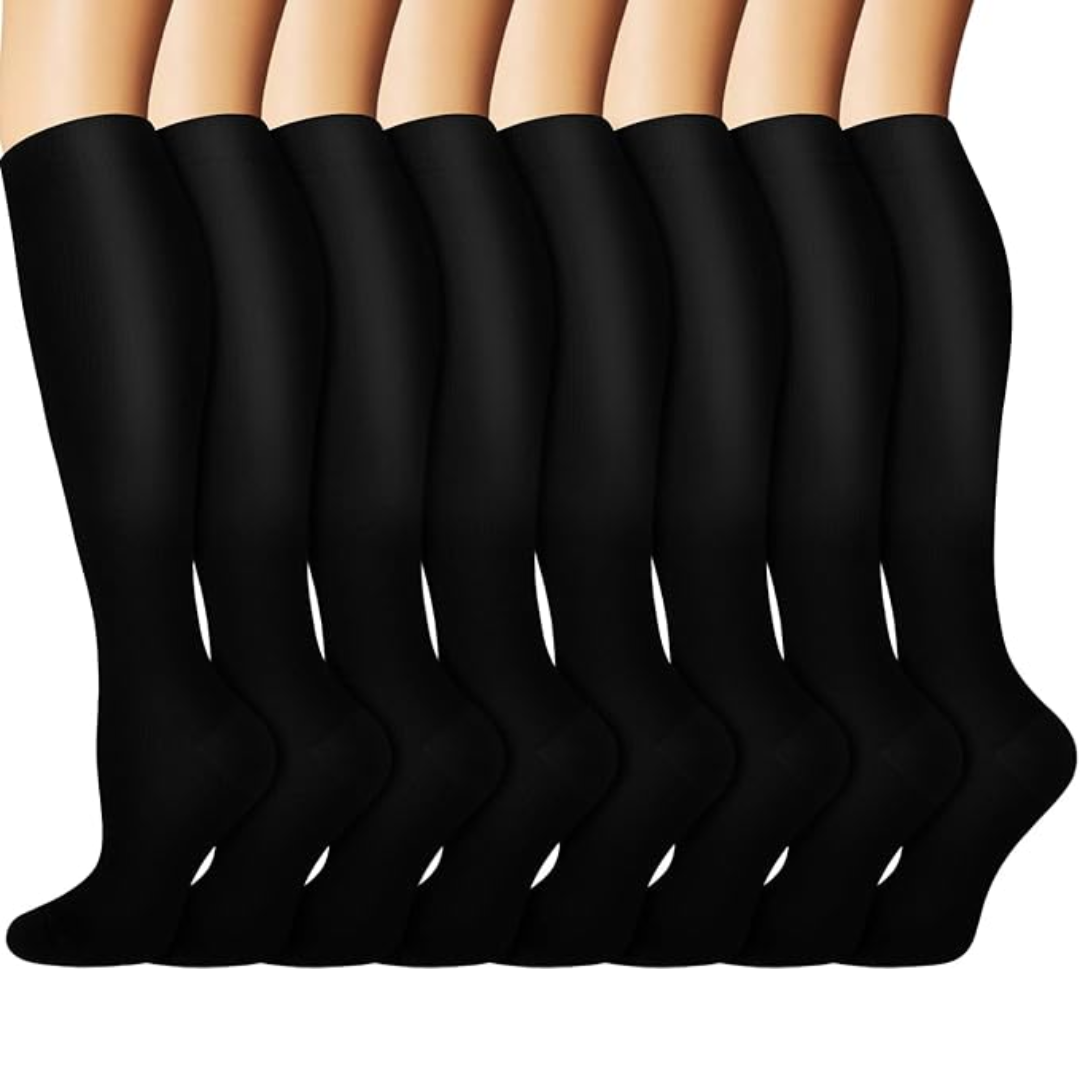 Multi-pack: 8 pairs of men's & women's gradual compression socks (15-20mmHg) for circulation & support.