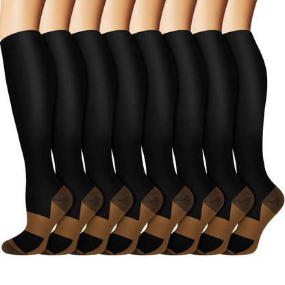 Gradual compression socks (15-20mmHg) providing leg fatigue relief & circulation support. 8 pair value pack.