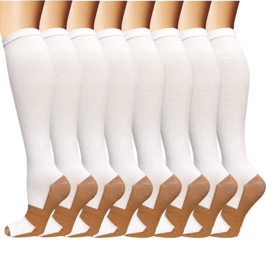 Bulk pack of 8 pairs of unisex gradual compression socks (15-20mmHg) for ongoing leg support & comfort.