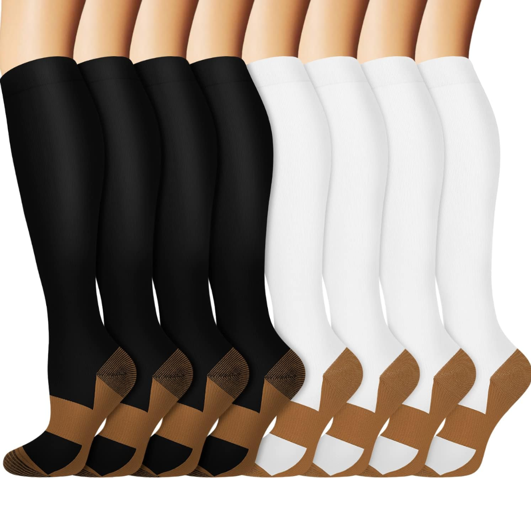 Odor-resistant athletic compression socks (15-20mmHg), 8 pairs, for men & women's leg support.