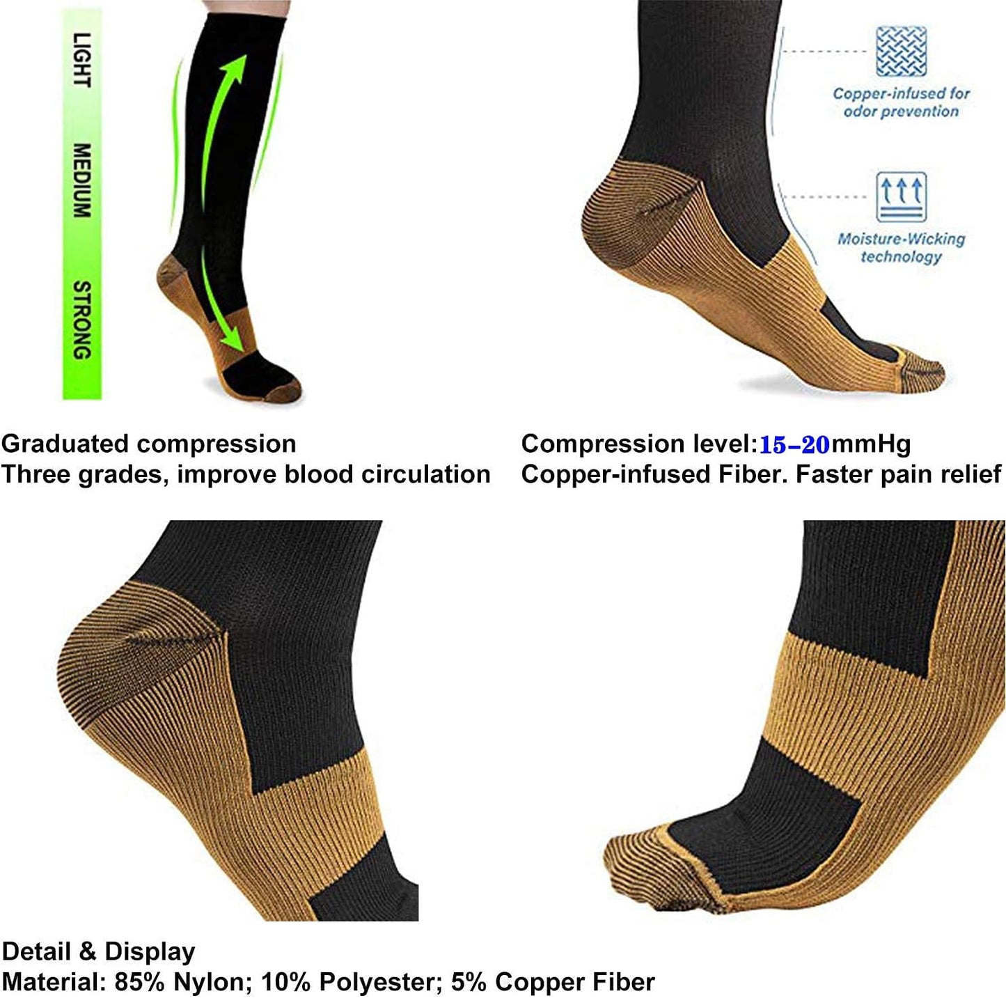 Assorted colors of 8 pairs of unisex gradual compression socks (15-20mmHg) for versatile daily wear.