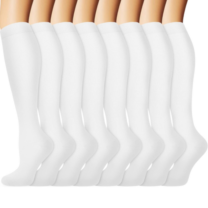 Professional wearing 15-20mmHg gradual compression socks to reduce fatigue during long work hours.