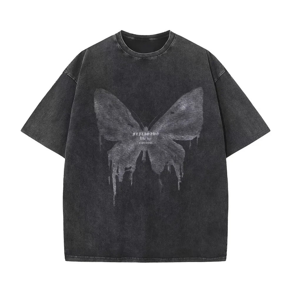 Unisex gray cotton t-shirt with a detailed butterfly graphic, perfect for casual wear. Comfortable graphic tee.