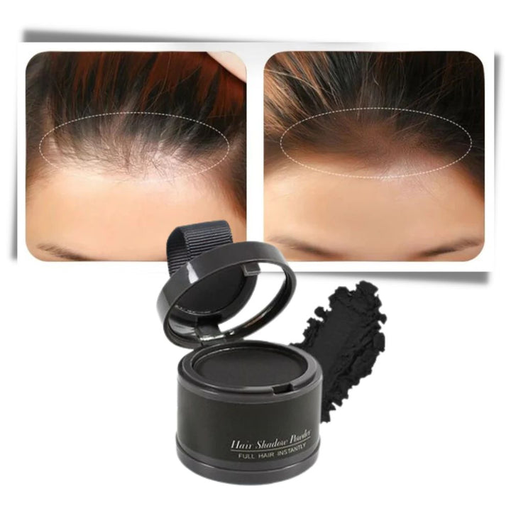 Water-resistant hair concealer powder for instant grey hair touch-up & volume.
