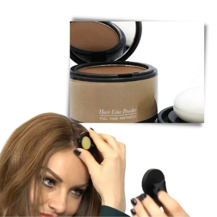Instant hair makeup for grey roots. Volumizing hair root concealer powder.