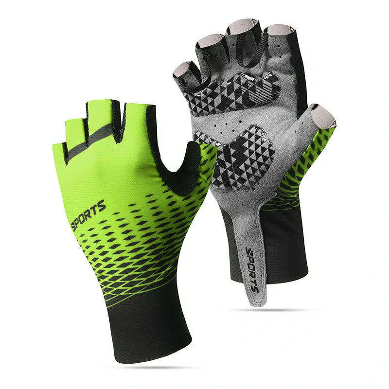 Unisex half-finger cycling gloves, durable and breathable, with comfort padding.